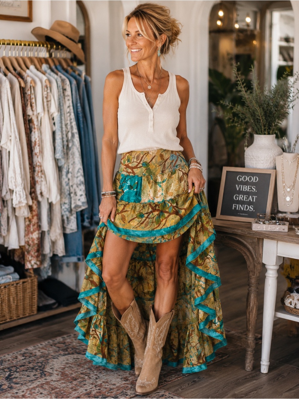 Private Label SILK  Green Leaf Print High-Low Skirt with Teal Trim
